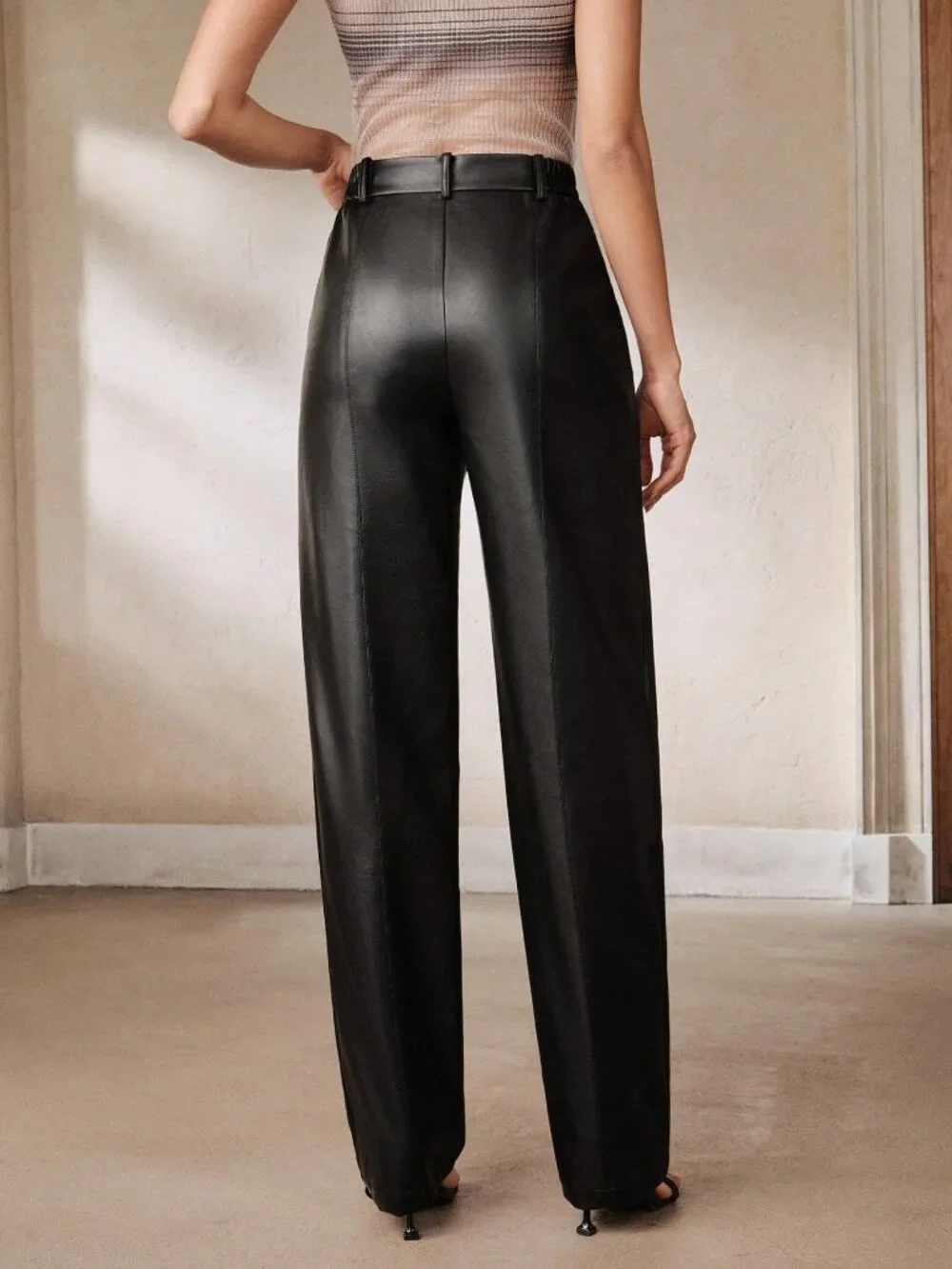 Black Elegant Women's Zipper Fly Draped Straight Leg Faux Leather Pants